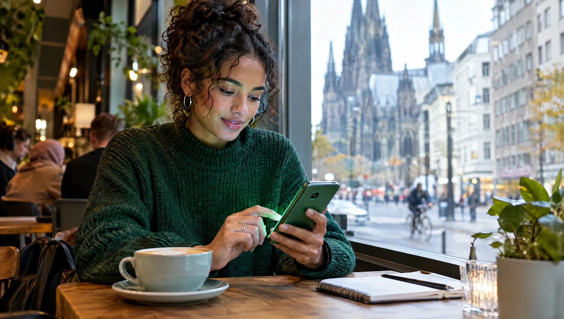 Junge Frau lernt im Café mit dem Smartphone für die Theorieprüfung